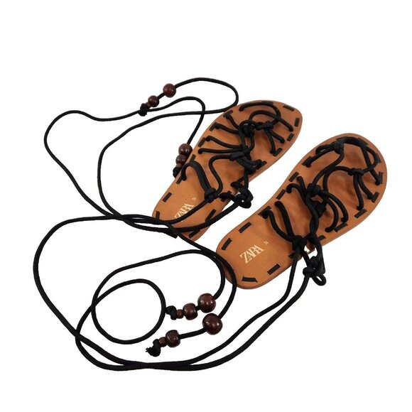 Zara Lace Up Flat Sandals Womens 37 India Black Tie-Up Wooden Bead Accents - Picture 1 of 9